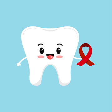 Tooth with red aids ribbon. Vector cute tooth holding hiv awareness sign - support solidarity disease control symbol. World aids day dental prevention concept. Flat design cartoon style illustration.