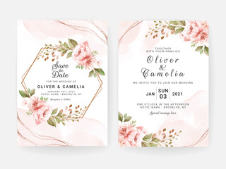 Wedding invitation template set with brown and peach dried floral and leaves decoration. Botanic card design concept