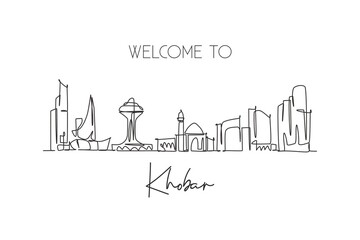 One single line drawing Khobar city skyline, Saudi Arabia. World town landscape postcard print. Best place holiday destination. Editable stroke trendy continuous line draw design vector illustration