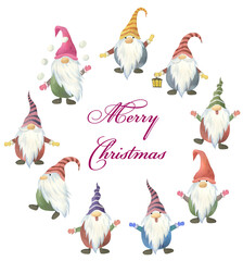 watercolor gnomes, scandinavian christmas gnomes on white background
