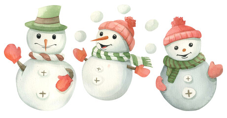 watercolor snowmen on white background