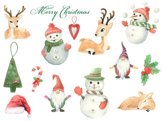 watercolor christmas elements, merry christmas, tree decorations, gnomes, snowmen, reindeer