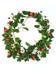 wreath of branches of blooming apple tree with leaves and flowers, decorated with fresh ripe strawberries and blueberries on white background, isolated 