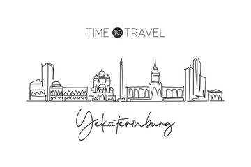 One single line drawing Yekaterinburg city skyline, Russia. World town landscape home wall decor poster print. Best place holiday destination. Trendy continuous line draw design vector illustration