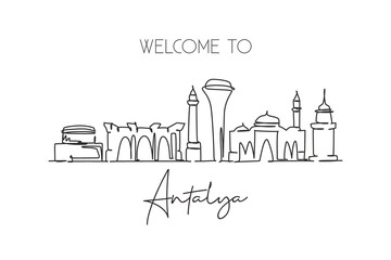 One single line drawing Antalya city skyline, Turkey. World historical town landscape. Best place holiday destination postcard. Editable stroke trendy continuous line draw design vector illustration
