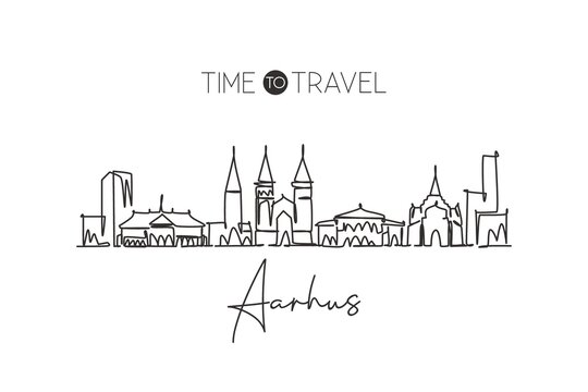 One continuous line drawing Aarhus city skyline, Denmark. Beautiful landmark home wall decor poster print. World landscape tourism travel vacation. Stylish single line draw design vector illustration