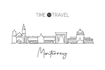 One single line drawing of Monterrey city skyline, Mexico. World town landscape home decor wall art poster print. Best place holiday destination. Trendy continuous line draw design vector illustration