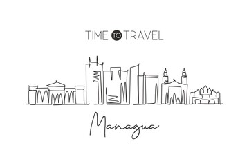 Fototapeta na wymiar One single line drawing Managua city skyline, Nicaragua. World town landscape home wall decor poster print art. Best place holiday destination. Trendy continuous line draw design vector illustration