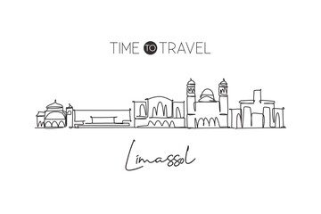 Fototapeta premium Single continuous line drawing Limassol skyline, Cyprus. Famous city scraper landscape. World travel destination home wall decor poster print concept. Modern one line draw design vector illustration