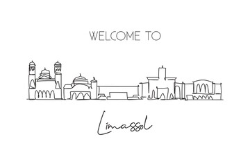 Fototapeta premium One continuous line drawing Limassol city skyline, Cyprus. Beautiful landmark postcard. World landscape tourism and travel vacation. Editable stylish stroke single line draw design vector illustration