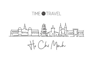 One single line drawing Ho Chi Minh city skyline, Vietnam. World town landscape home decor wall art poster print. Best place holiday destination. Trendy continuous line draw design vector illustration