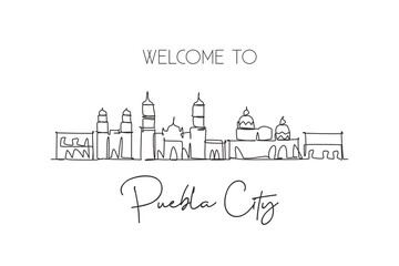 Fototapeta na wymiar One single line drawing of Puebla city skyline, Mexico. World historical town landscape. Best place holiday destination postcard. Editable stroke trendy continuous line draw design vector illustration