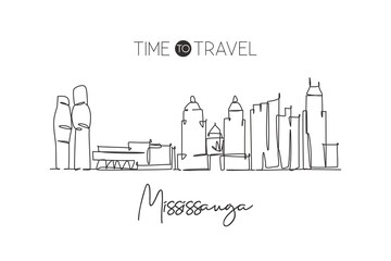 One continuous line drawing Mississauga city skyline, Canada. Beautiful landmark postcard. World landscape tourism travel vacation. Editable stylish stroke single line draw design vector illustration