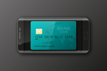 Smartphone banner & credit card. Advertising promo poster phone & bank card icon. Communicator PDA Electronic money funds transfer. Plastic card software. Update banking icon. Debit card with chip