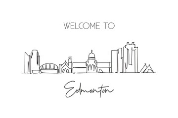 One single line drawing of Edmonton city skyline, Canada. World historical town landscape. Best place holiday destination home wall decor poster. Trendy continuous line draw design vector illustration