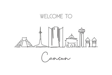 One continuous line drawing Cancun city skyline, Mexico. Beautiful landmark postcard. World landscape tourism and travel vacation. Editable stylish stroke single line draw design vector illustration