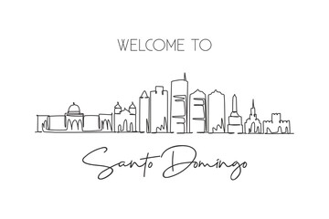 Fototapeta na wymiar One single line drawing of Santo Domingo city skyline Dominican. World historical town landscape postcard print. Best place holiday destination. Trendy continuous line draw design vector illustration
