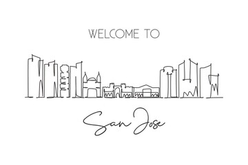 One continuous line drawing San Jose city skyline, Costa Rica. Beautiful landmark home decor poster print. World landscape tourism travel vacation. Stylish single line draw design vector illustration