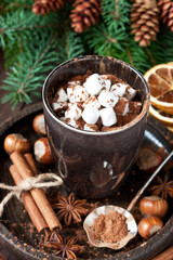 Homemade dark hot chocolate in mug  with marshmallows