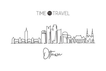 Fototapeta premium One single line drawing Ottawa city skyline Canada. World historical town landscape home decor wall poster print. Best place holiday destination. Trendy continuous line draw design vector illustration