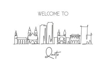 Fototapeta na wymiar One single line drawing of Quito city skyline, Ecuador. World historical town landscape. Best holiday place destination postcard. Editable stroke trendy continuous line draw design vector illustration