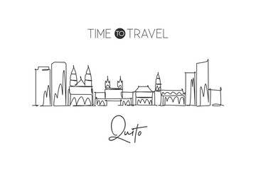 Fototapeta premium Single continuous line drawing of Quito city skyline, Ecuador. Famous city scraper and landscape. World travel destination concept. Editable stroke modern one line draw art design vector illustration