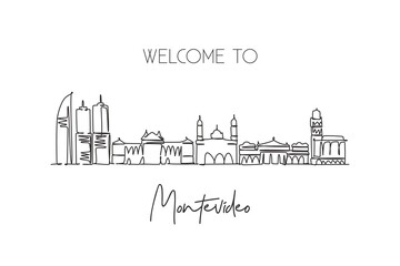 Fototapeta na wymiar One single line drawing of Montevideo city skyline, Uruguay. World historical town landscape. Best holiday place destination. Editable stroke trendy continuous line draw design art vector illustration
