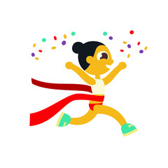 woman marathon runner, winner crossing finish line, cartoon flat style character, isolated vector illustration. Design for stickers, logo, web and mobile app.