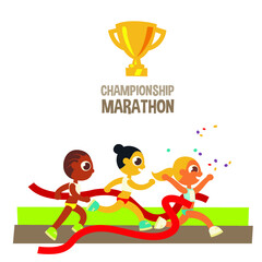 Fototapeta premium women championship marathon runners, winner crossing finish line, cartoon flat style character, isolated vector illustration.