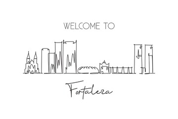 Fototapeta premium One continuous line drawing Fortaleza city skyline Brazil. Beautiful landmark postcard. World landscape tourism and travel vacation. Editable stylish stroke single line draw design vector illustration