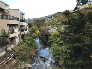 Fototapeta na wymiar Bridge over the River in Hot Spring Village in Japan