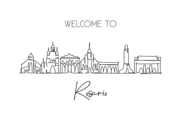 One single line drawing Rosario city skyline, Argentina. World historical town landscape. Best holiday destination wall decor poster print art. Trendy continuous line draw design vector illustration