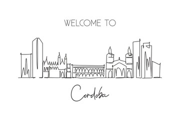 Fototapeta premium Single continuous line drawing of Cordoba city skyline, Argentina. Famous city scraper landscape postcard print art. World travel destination concept. Modern one line draw design vector illustration