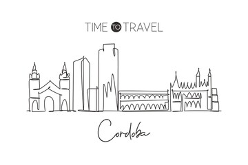 Fototapeta premium Single continuous line drawing of Cordoba city skyline, Argentina. Famous city scraper landscape postcard print art. World travel destination concept. Modern one line draw design vector illustration