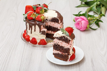 Homemade chocolate cake decorated with fresh strawberries