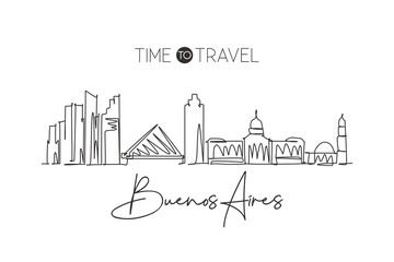 One continuous line drawing of Buenos Aires city skyline Argentina. Beautiful landmark. World landscape tourism and travel vacation. Editable stylish stroke single line draw design vector illustration