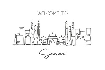 Single continuous line drawing of Sanaa city skyline, Yemen. Famous city scraper and landscape home decor wall art poster print. World travel concept. Modern one line draw design vector illustration