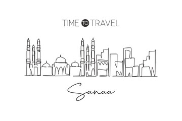 One single line drawing of Sana'a city skyline, Yemen. World historical town landscape. Best holiday destination postcard print. Editable stroke trendy continuous line draw design vector illustration