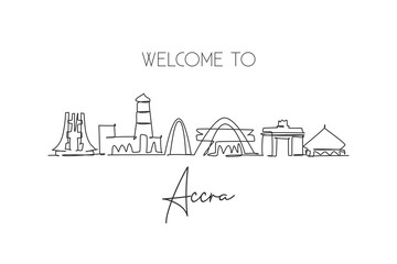 Fototapeta na wymiar One single line drawing of Accra city skyline, Ghana. World historical town landscape home decor wall art poster print. Best holiday destination. Trendy continuous line draw design vector illustration