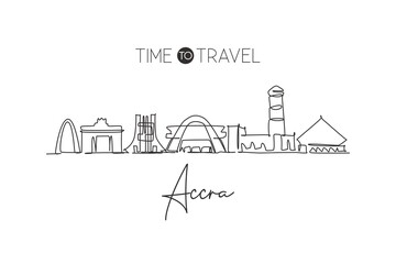 Obraz premium One continuous line drawing Accra city skyline, Ghana. Beautiful landmark. World landscape tourism travel vacation postcard print. Editable stylish stroke single line draw design vector illustration