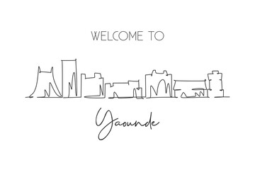 Obraz premium Single continuous line drawing Yaounde city skyline, Cameroon. Famous city scraper and landscape home decor wall art poster print. World travel concept. Modern one line draw design vector illustration