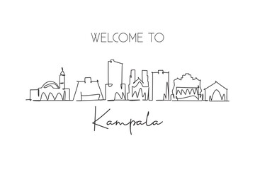 Single continuous line drawing Kampala city skyline, Uganda. Famous city scraper and landscape. World travel concept home wall decor poster print art. Modern one line draw design vector illustration