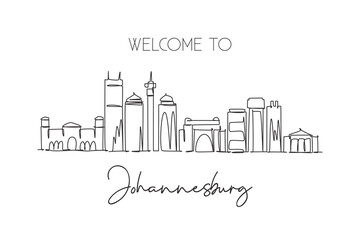 Obraz premium One continuous line drawing of Johannesburg city skyline, South Africa. Beautiful landmark wall decor poster print. World landscape tourism travel. Stylish single line draw design vector illustration