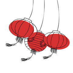 Chinese paper lanterns swinging in the wind. Hand drawn outline vector sketch illustration on white background