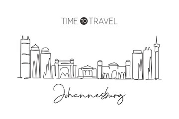 Obraz premium One single line drawing Johannesburg city skyline, South Africa. Historical place landscape postcard. Best holiday destination. Editable stroke trendy continuous line draw design vector illustration