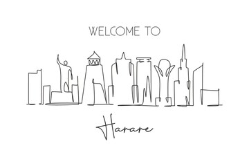 Single continuous line drawing of Harare city skyline, Zimbabwe. Famous city scraper landscape home decor wall art poster print. World travel concept. Modern one line draw design vector illustration