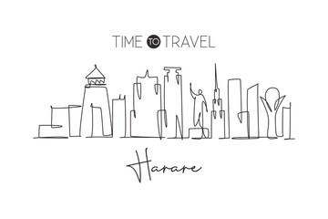 One single line drawing of city Harare skyline, Zimbabwe. Historical place landscape in world postcard. Best holiday destination. Editable stroke trendy continuous line draw design vector illustration