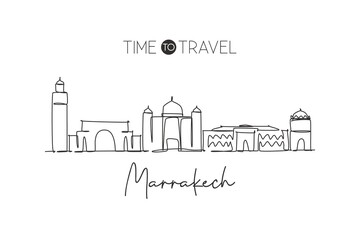 Fototapeta na wymiar One single line drawing of Marrakesh city skyline, Morocco. Historical town landscape in the world. Best holiday destination. Editable stroke trendy continuous line draw design vector art illustration