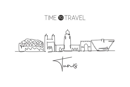One single line drawing Tunis city skyline, Tunisia. Historical town landscape in world postcard. Best holiday destination. Editable stroke trendy continuous line draw design vector art illustration