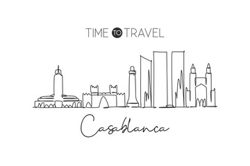 Fototapeta na wymiar Single continuous line drawing of Casablanca city skyline Morocco. Famous city scraper and landscape in the world. World travel concept. Editable stroke modern one line draw design vector illustration